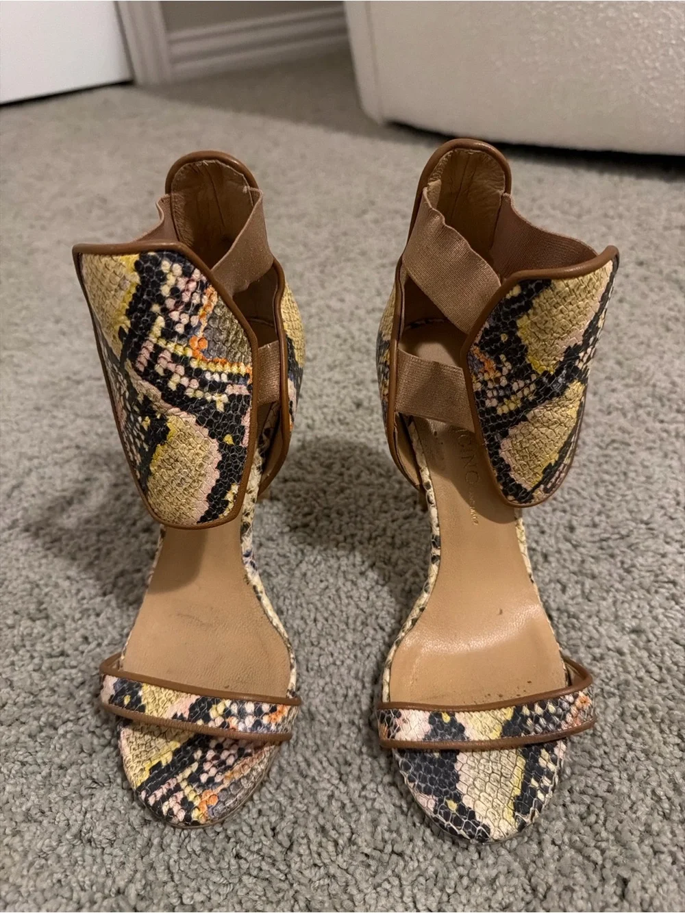 Via Spiga Yellow and Brown Snake-Print Open-Toe Heels